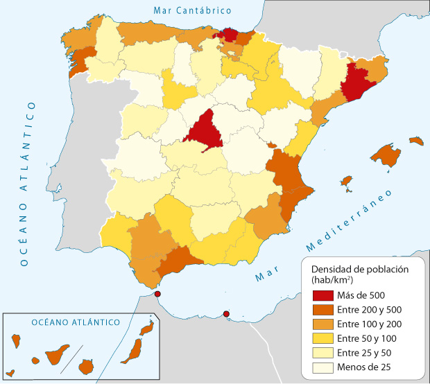 Mapa de España sobre densidad de población