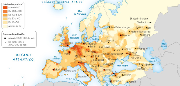 Mapa de Europa sobre densidad de población