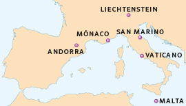 Mapa de Europa con la localización de los microestados del continente
