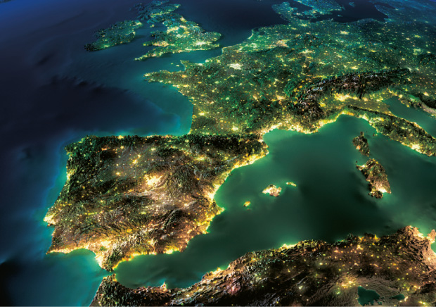 Imagen satélite nocturna de la península Ibérica, Europa occidental y el norte de          África